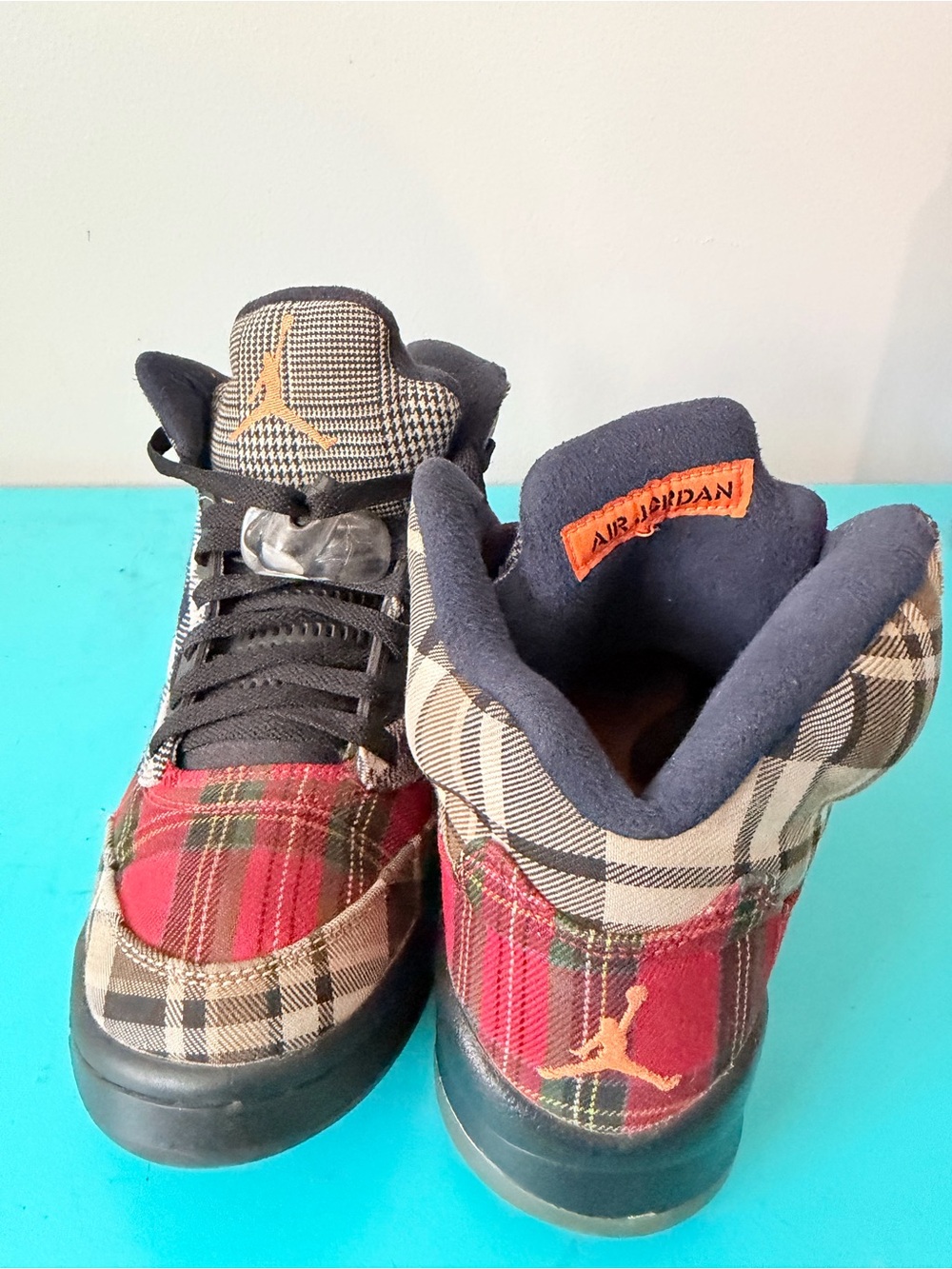 Jordan Kids' Plaid High-Top Sneakers in Red, Black, Tan